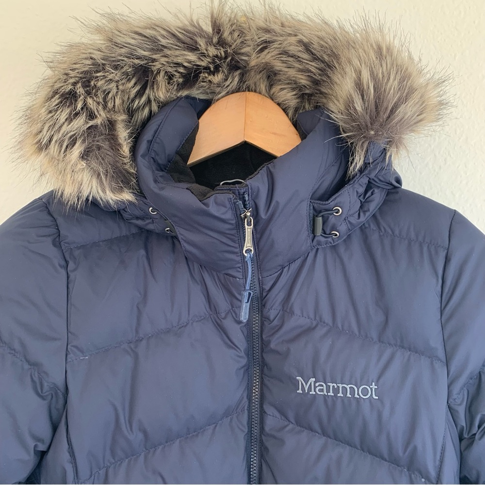 Marmot Women's Montreal Blue Down Puffer Coat Parka with Faux Fur Trim - Picture 3 of 14
